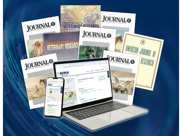 Print covers of back issues of JAVMA, AJVR surround a computer and cell phone showing a journal article on screen
