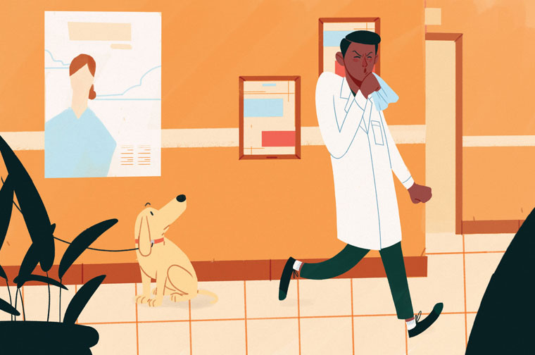Illustration: Veterinarian sneezing in the presence of a canine patient
