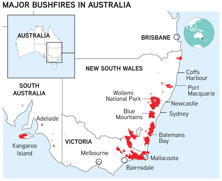 Map: Major bushfires in Australia