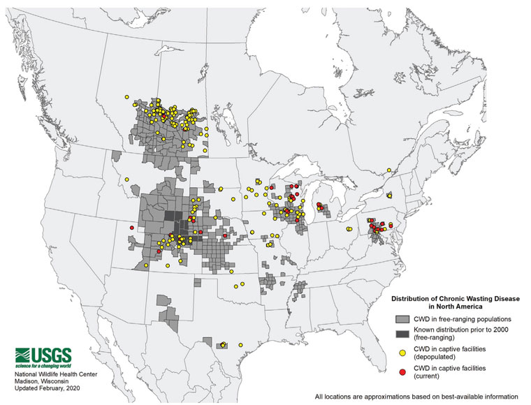 Map: Distribution of CWD in North America - Source: USGS NWHC