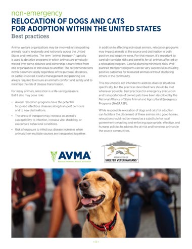 Cover page of AVMA-ASV document, “Non-emergency relocation of dogs and cats for adoption within the United States: Best practices”