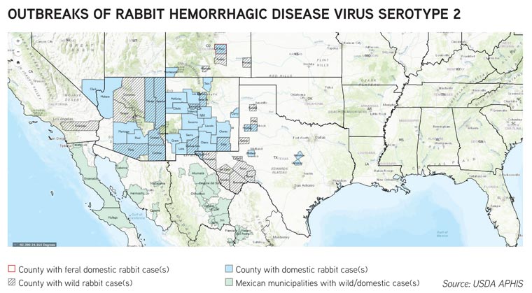 Map: Outbreaks of rabbit hemorrhagic disease virus serotype 2 - Source: USDA APHIS