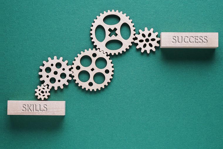 Graphic illustration: Connected gears between Skills and Success