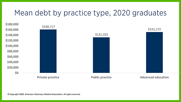 Chart: Mean debt by practice type, 2020 graduates © Copyright 2020. American Veterinary Medical Association. All rights reserved.