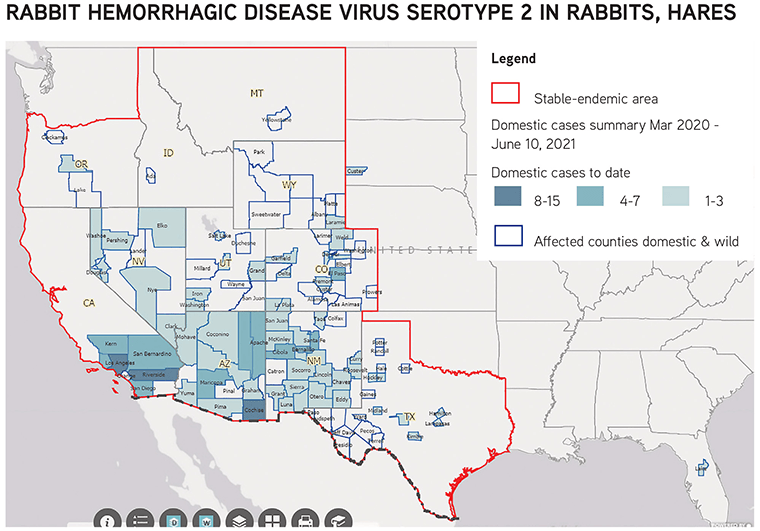 Map: Rabbit hemorrhagic disease virus serotype 2 in rabbits, hares