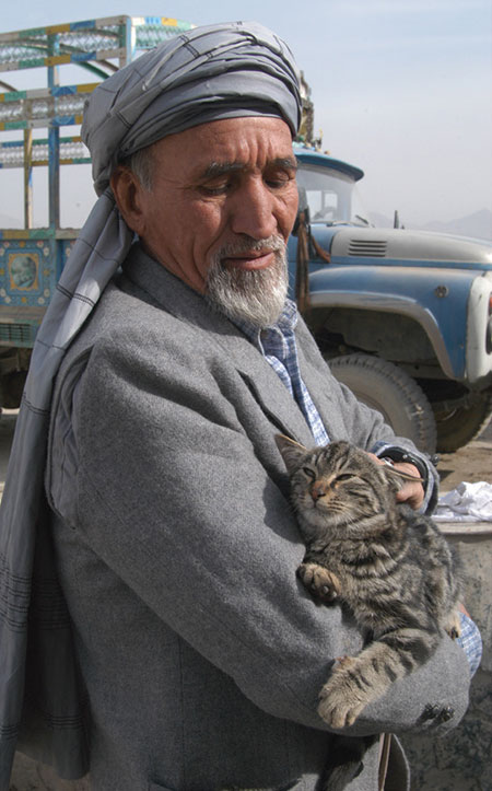 Afghan man holding a tabby cat