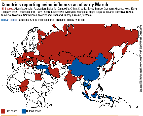 World map: Countries reporting avian influenza as of early March
