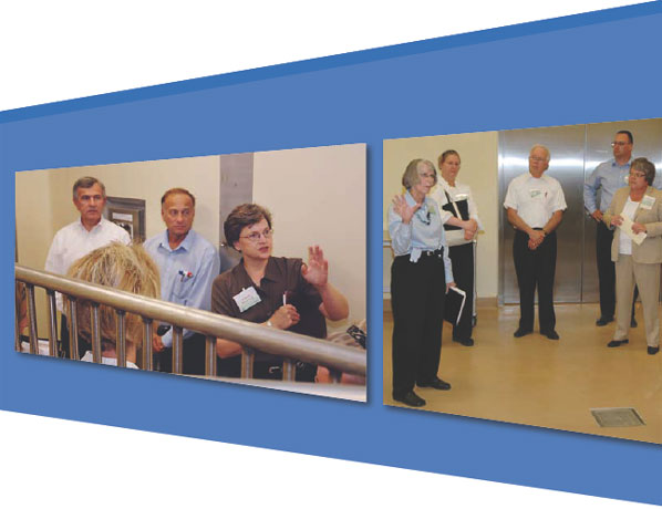 Two photos: Near right: Diana Whipple shows off Building Nine to guests; far right: Dr. Elizabeth Lautner answers questions during a tour of the new facility