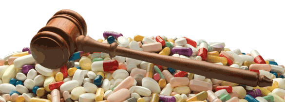 Gavel on top of a pile of supplement pills