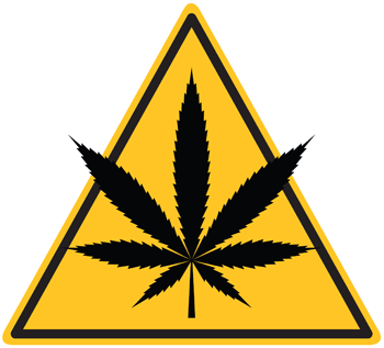 Shape of a marijuana leaf inside a yellow caution sign