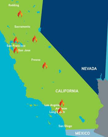 State of California map with fire icons per city