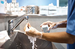 Veterinarian scrubbing hands