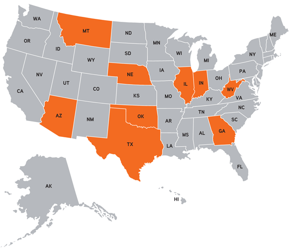 U.S. map with nine AVMA Trust plan states highlighted in orange