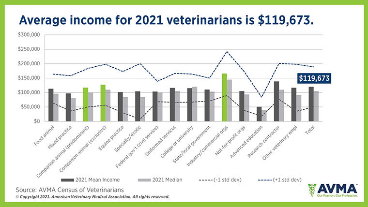 Chart: Average income for 2021 veterinarians is $119,673.
