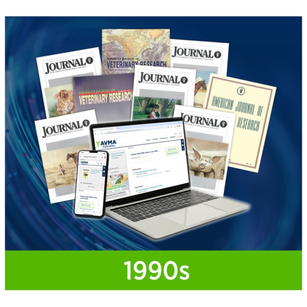 Several print covers of AJVR and JAVMA from the 1990s surround a laptop and phone showing online AVMA News articles