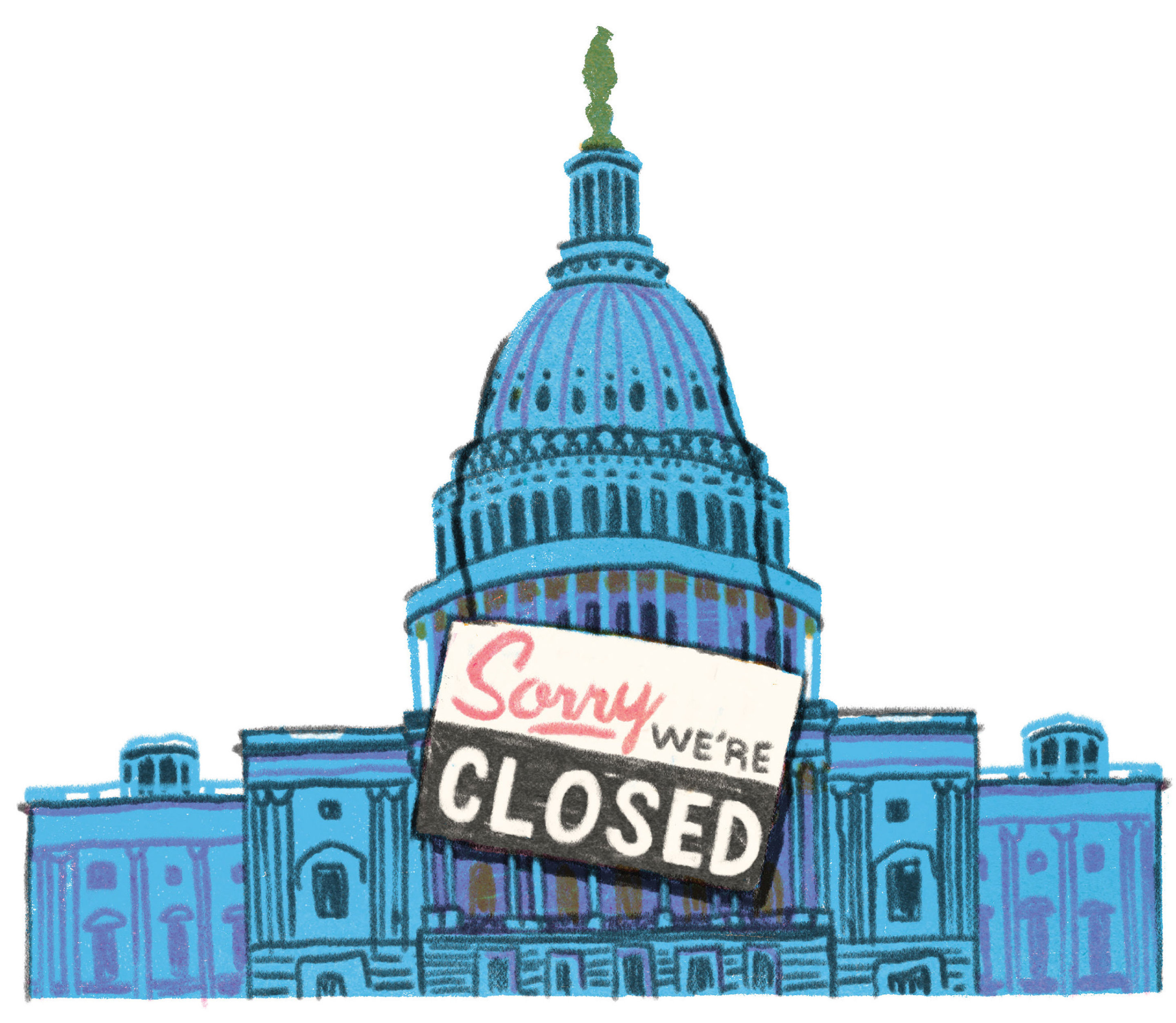 Illustration of U.S. Capitol building with a sign reading: 'Sorry, we're closed'